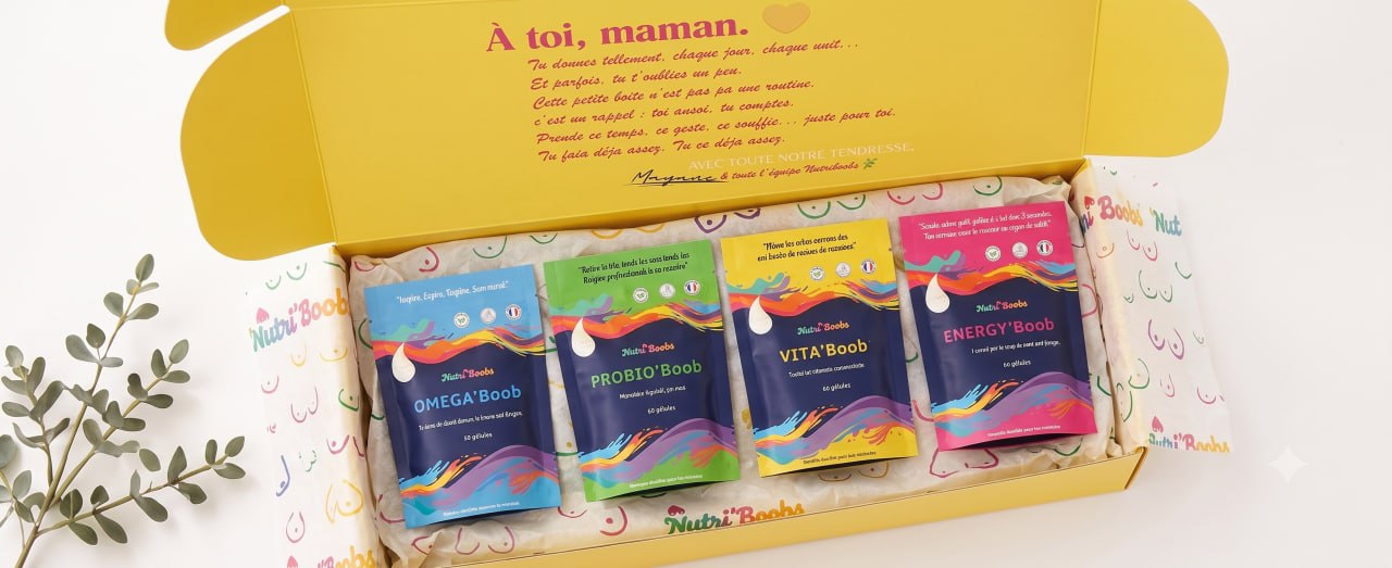 Boîte jaune officielle Nutriboobs contenant les quatre produits