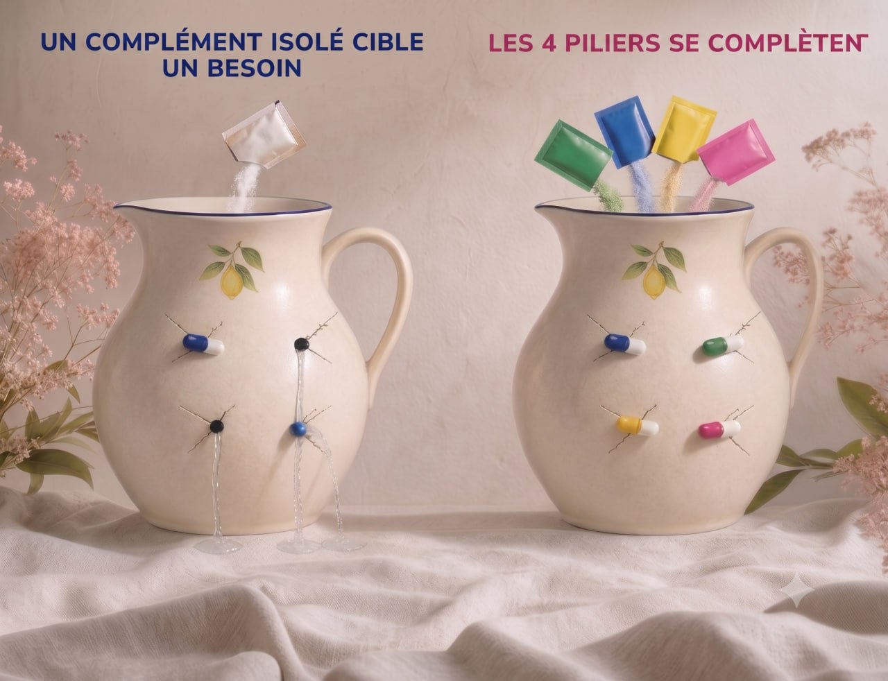 Métaphore visuelle : un soutien isolé cible un besoin, tandis que quatre piliers complémentaires forment une routine globale Métaphore visuelle : un soutien isolé cible un besoin, tandis que quatre piliers complémentaires forment une routine globale