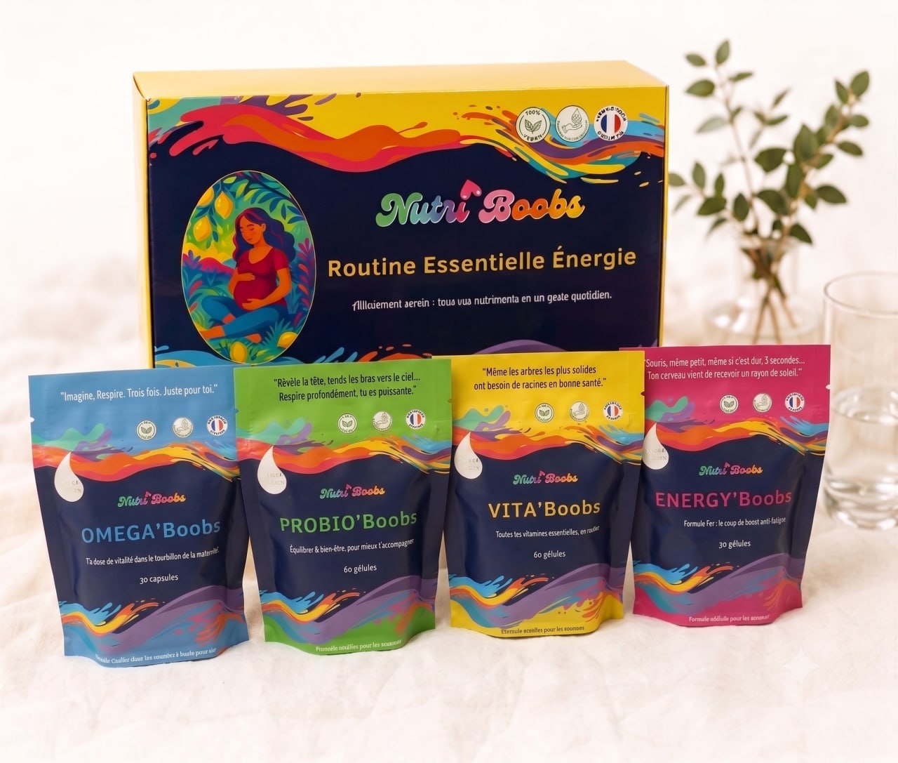 Routine Essentielle Énergie Nutriboobs — une boîte et les quatre sachets inclus